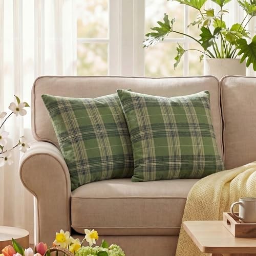 Spring Summer Green Khaki Plaid Decorative 18" x 18" (Pack of 2) Green/Khaki gallery