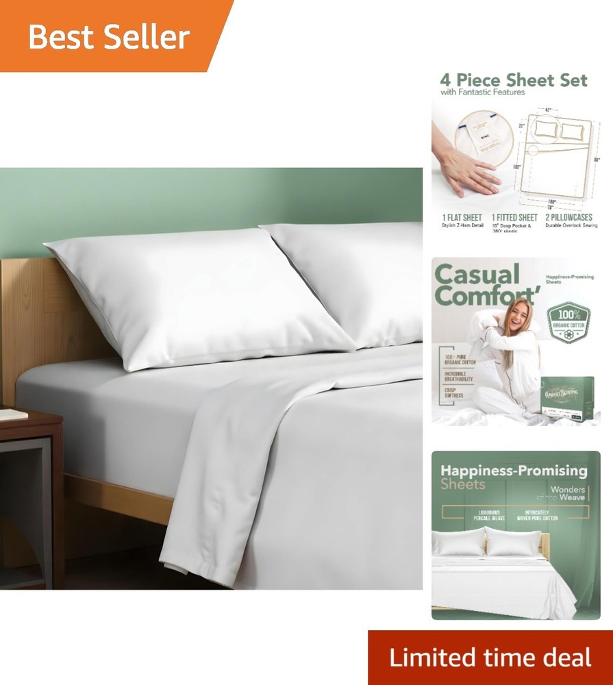 100% Organic Cotton Percale Sheets King Size - Crisp & Cooling 4 PC Set