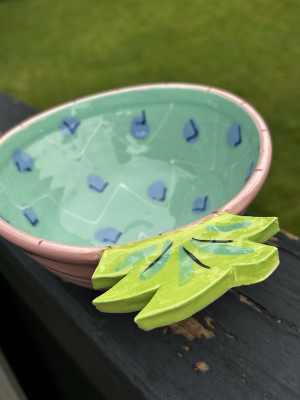 Susan Painter Pineapple Shaped Serving Dish Bowl Handpainted Vintage Green Pink gallery