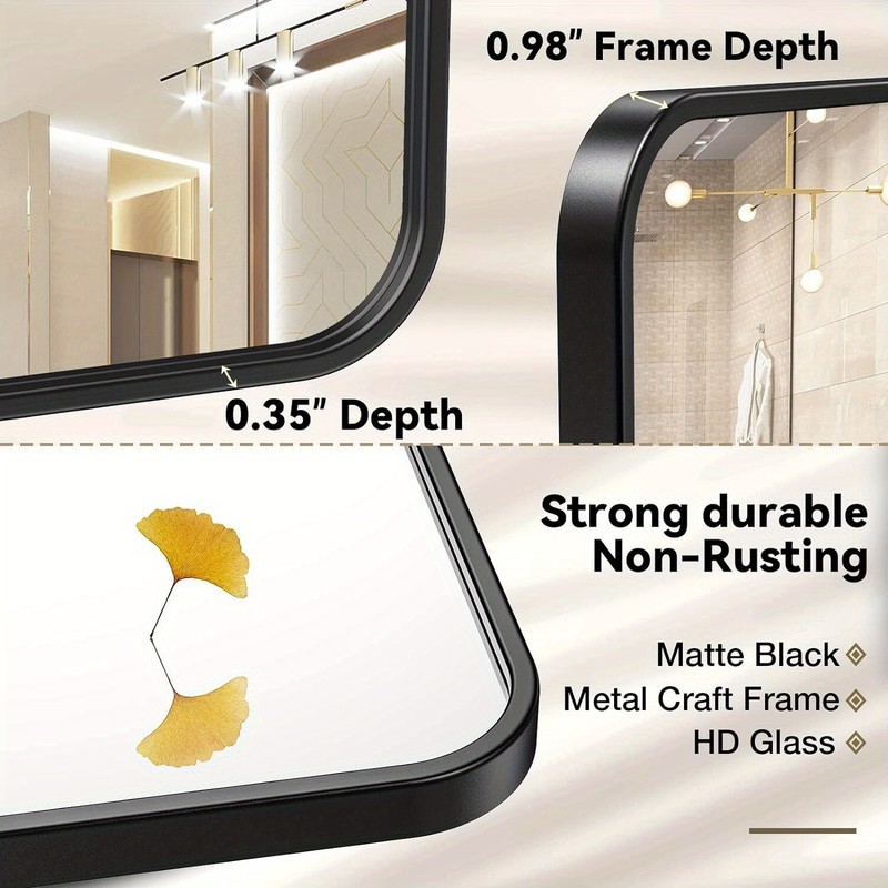 Black metal framed rounded rectangle bathroom mirror 3 sizes Matte black gallery