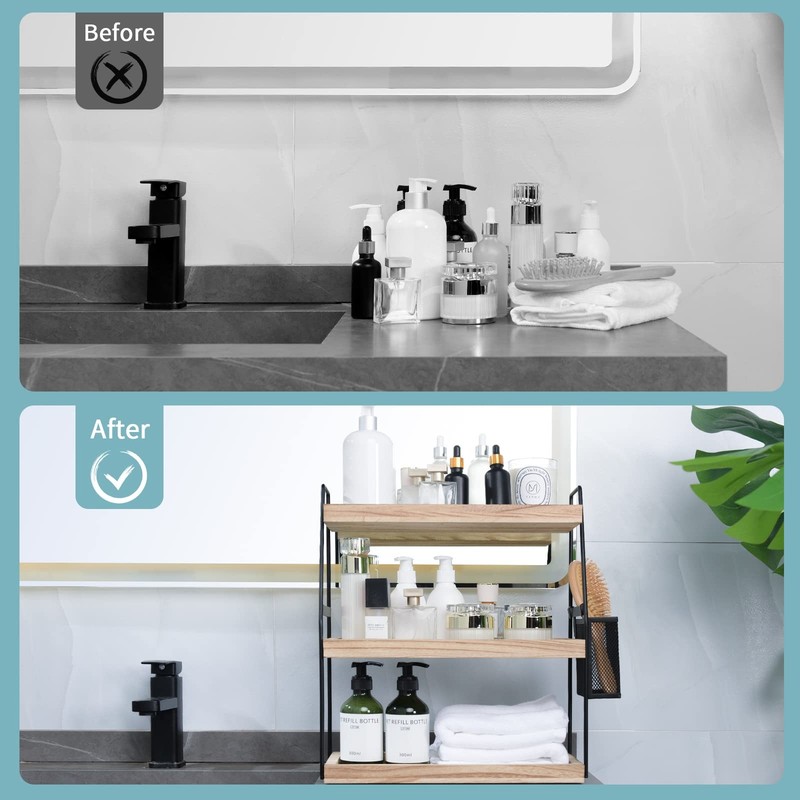 Bathroom Organizer Countertop 3tier Standing Counter Shelf With Basket Wood Tray gallery