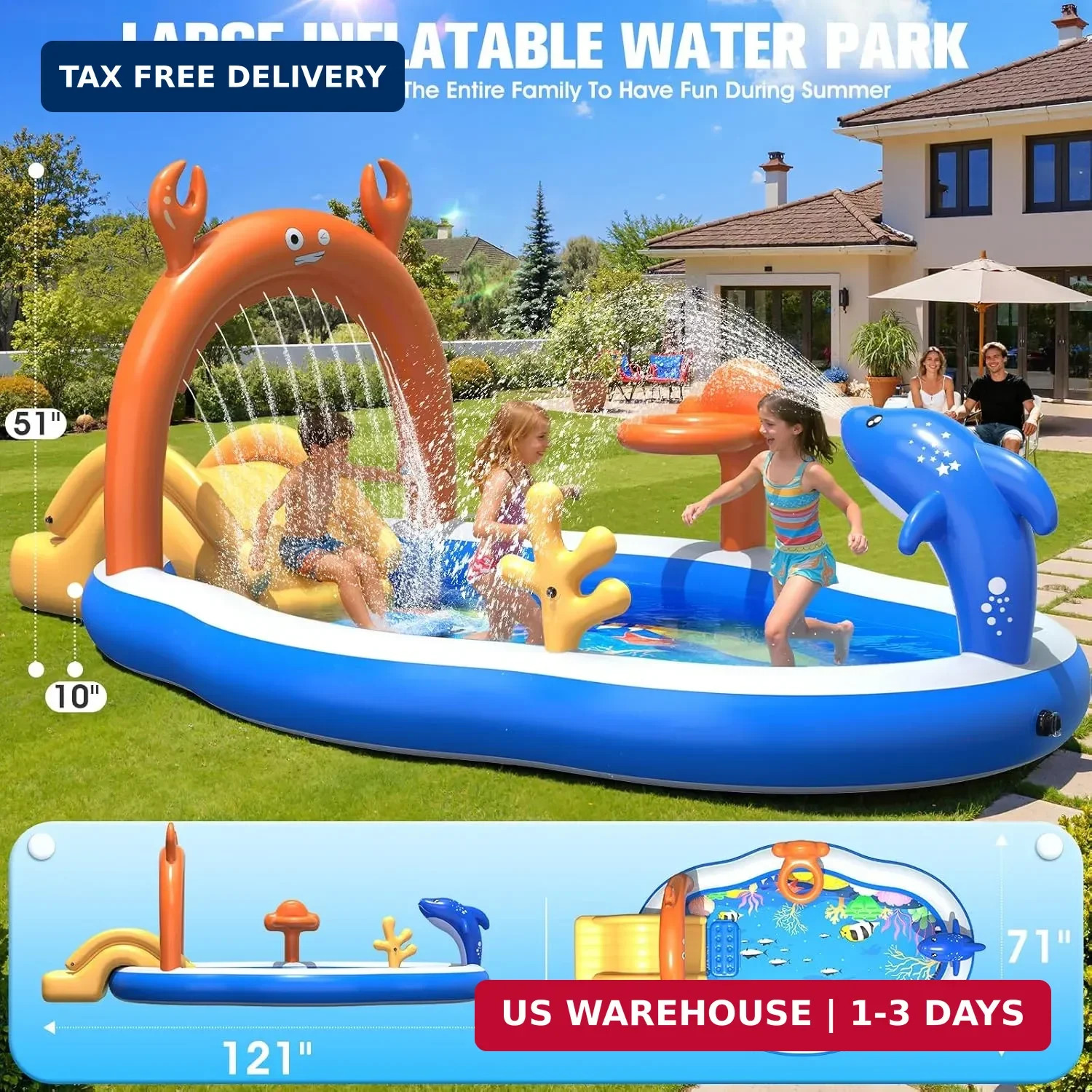 StarOcean 2026 Large Inflatable Play Center,Kiddie Pool with Water Slide&Sprinkl gallery
