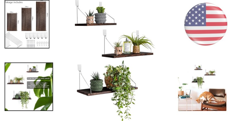 Rustic Solid Wood Floating Shelves Set of 3 - No Drill Installation, Retro Color gallery