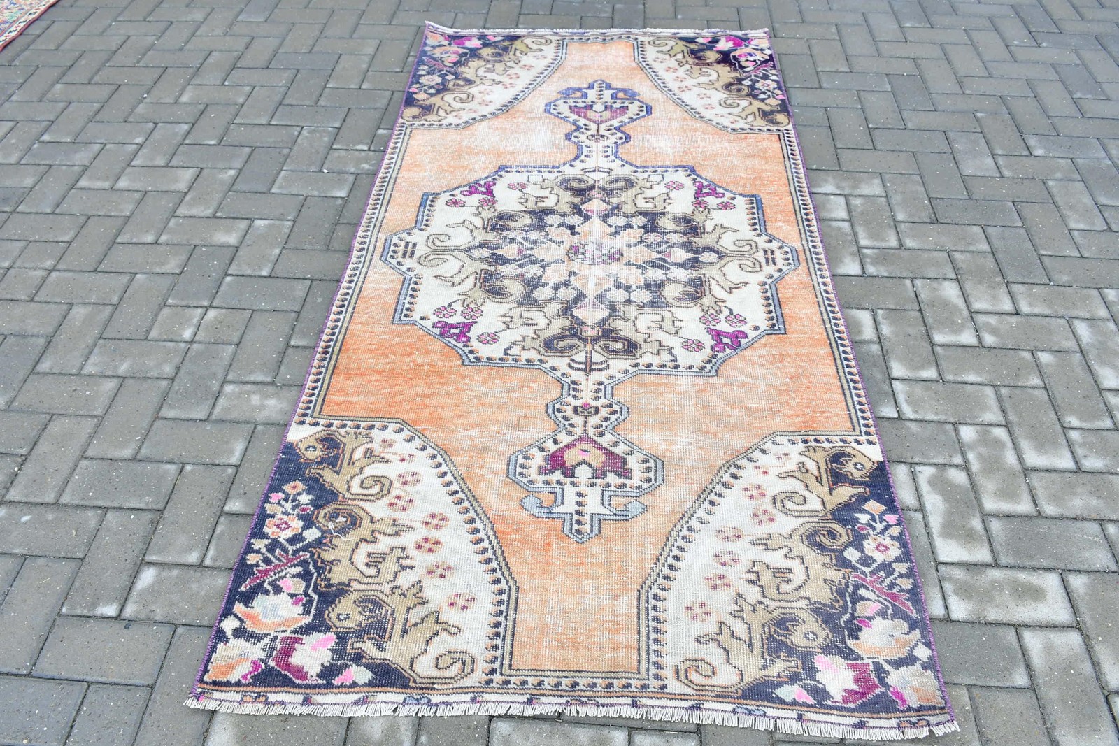 3,7x6,9 ft Turkish Area Rug, Orange Blue Vintage Polka dot Wool Rug gallery