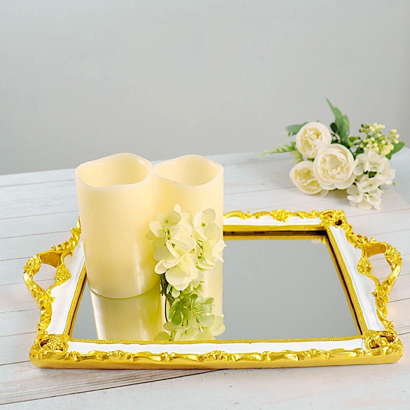 15"x10" Metallic WHITE GOLD Rectangular Mirror SERVING TRAY Handles Party gallery