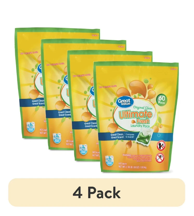 (4 pack) Great Value Ultimate Fresh Laundry Pacs, Original Clean, 60 Count- NEW gallery