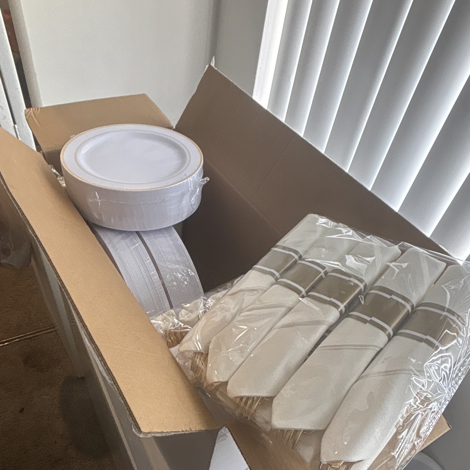 VIDA Striped White/Gold/Gray Dinnerware Set Disposable Plastic/Paper 250pc gallery