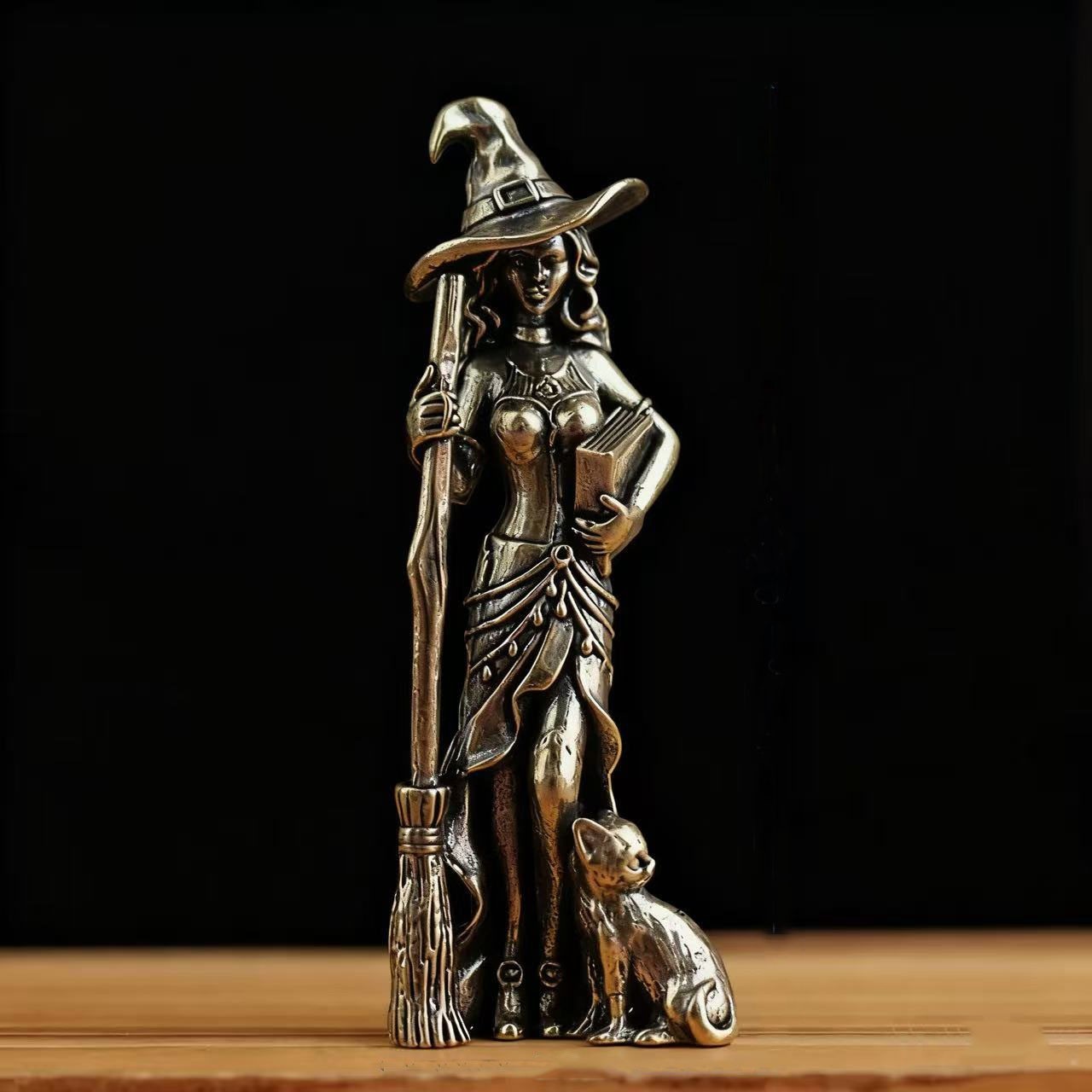 2PCS Brass witch Broom cat figure statue Halloween magical fantasy decor gallery