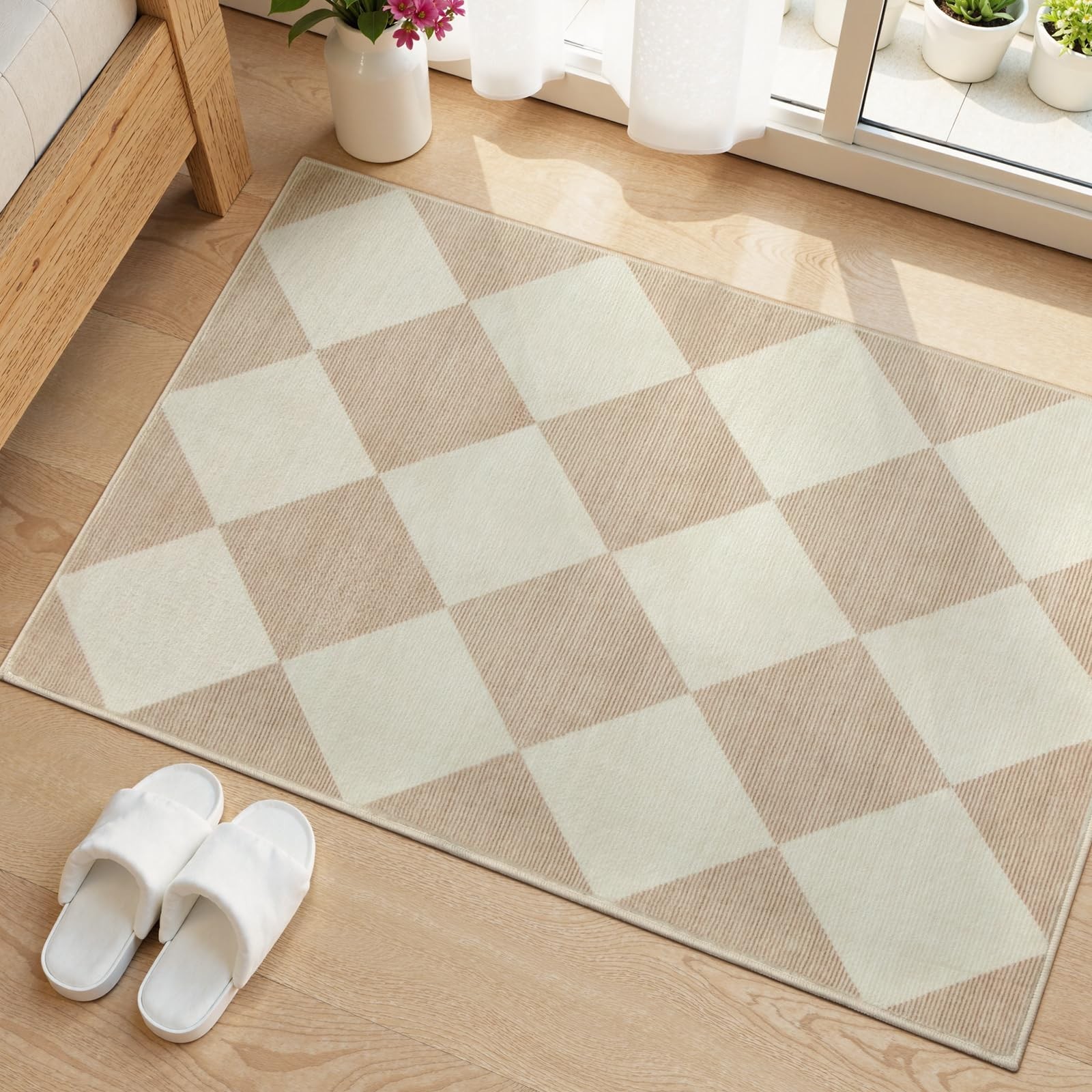Beeiva Checkered Print Washable Indoor Door Mats 2' x 3' (Rectangular), Beige gallery