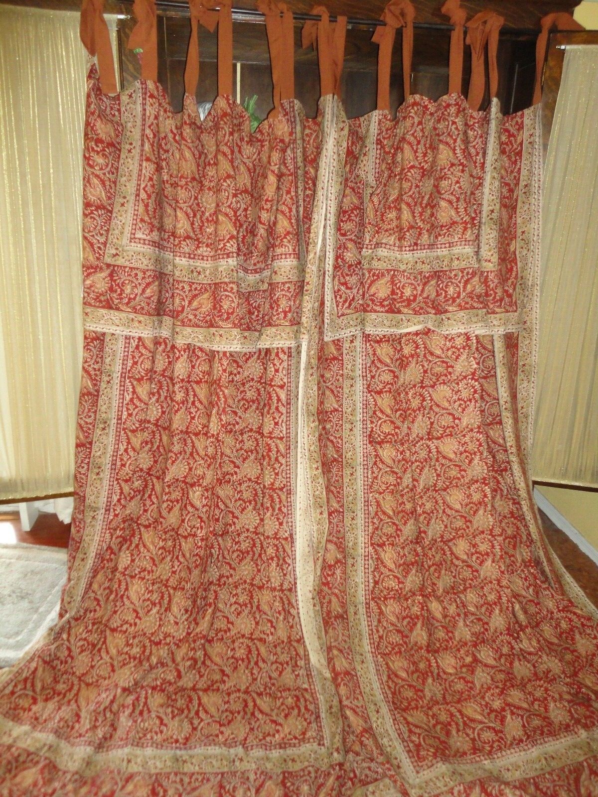 CRATE & BARREL KALAMKARI MARRAKESH RUST RED BURGUNDY PAISLEY (2) PANELS 60X84 gallery