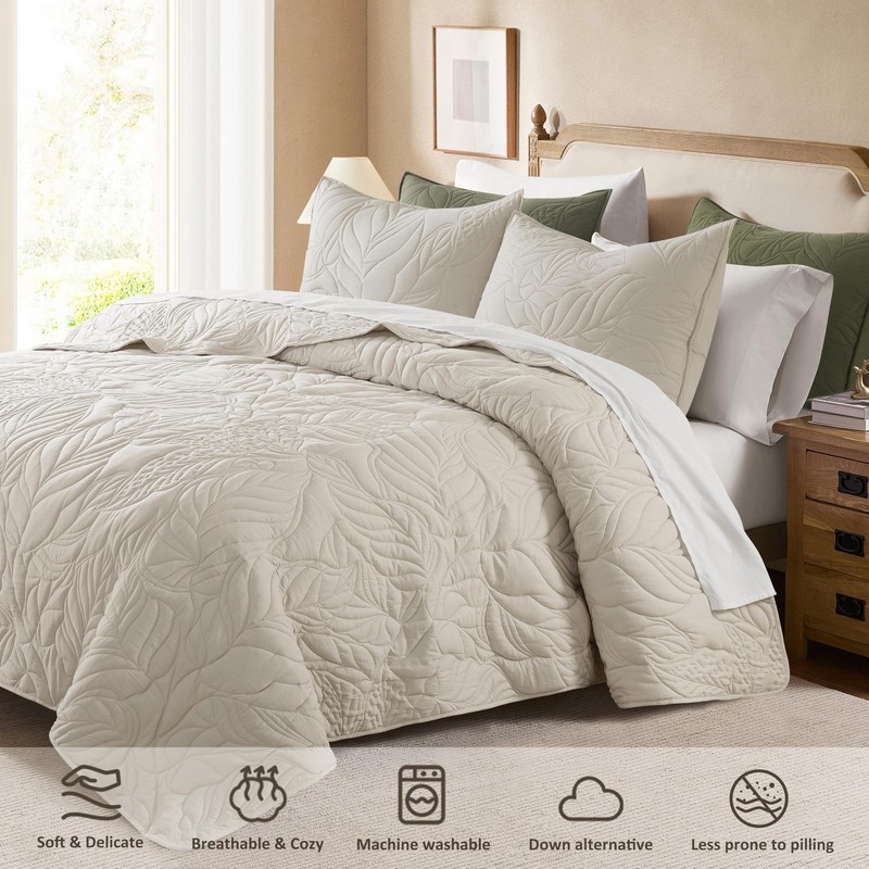Beige King Size Quilt Set, Neutral Soft Lightweight Bedspread, Farmhouse Rustic gallery