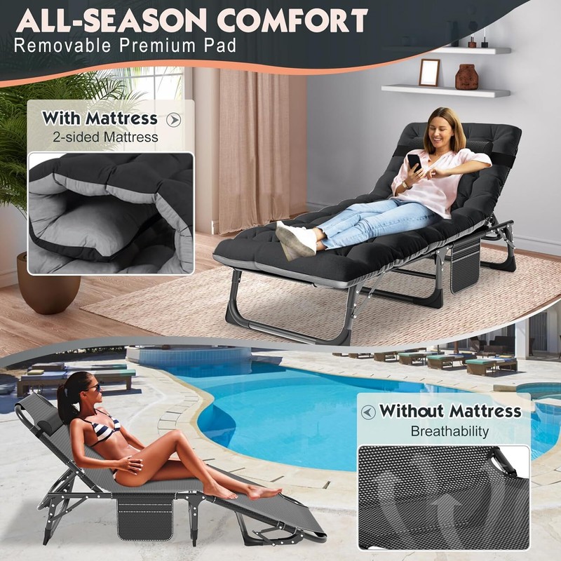 Folding Camping Cot Bed Adjustable 5-Position Folding Lounge Chair Portable 3IN1 gallery