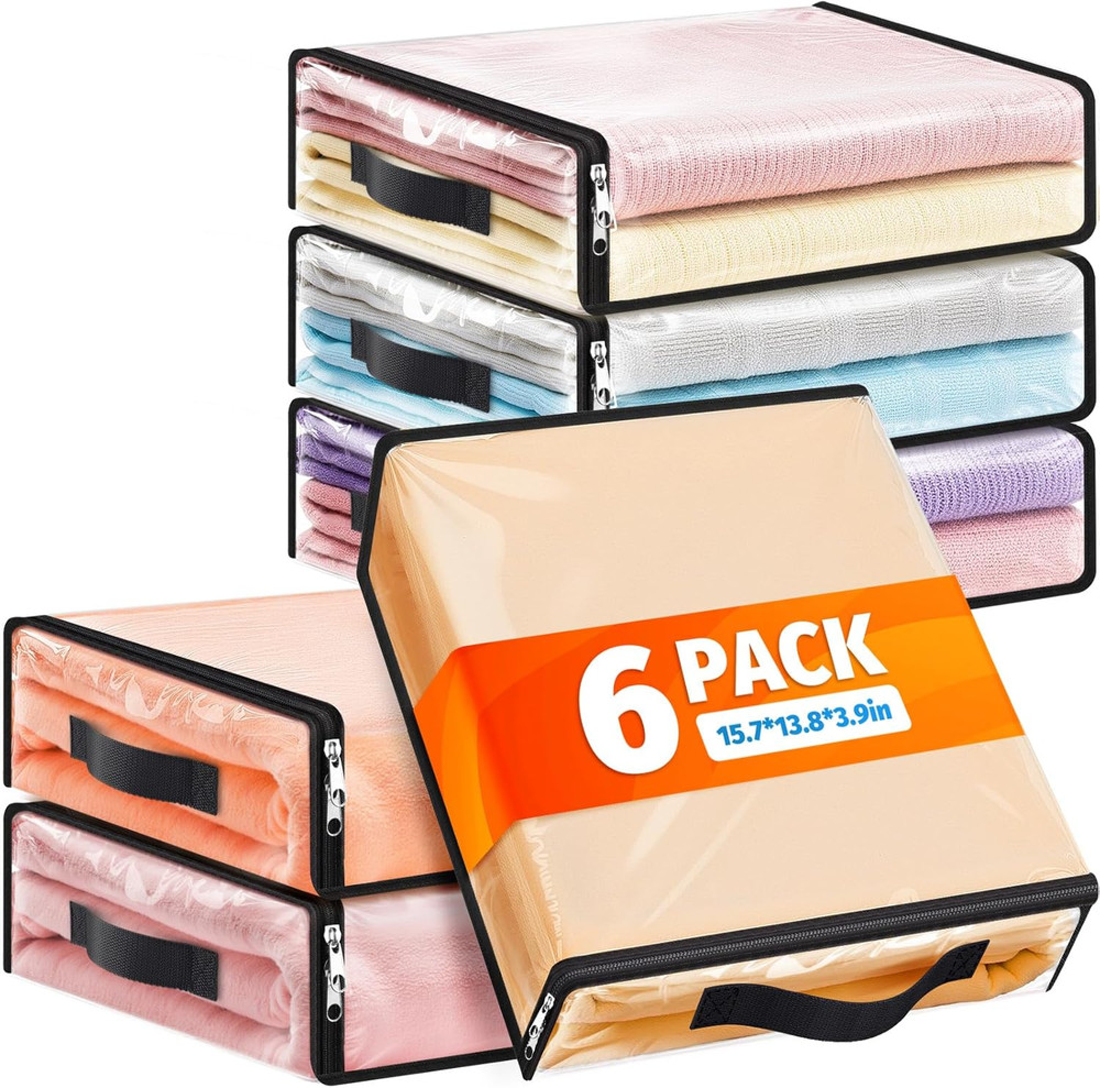 6 Pack Clear Storage Bags, Plastic Blanket Storage Bags with Zipper and Handle,