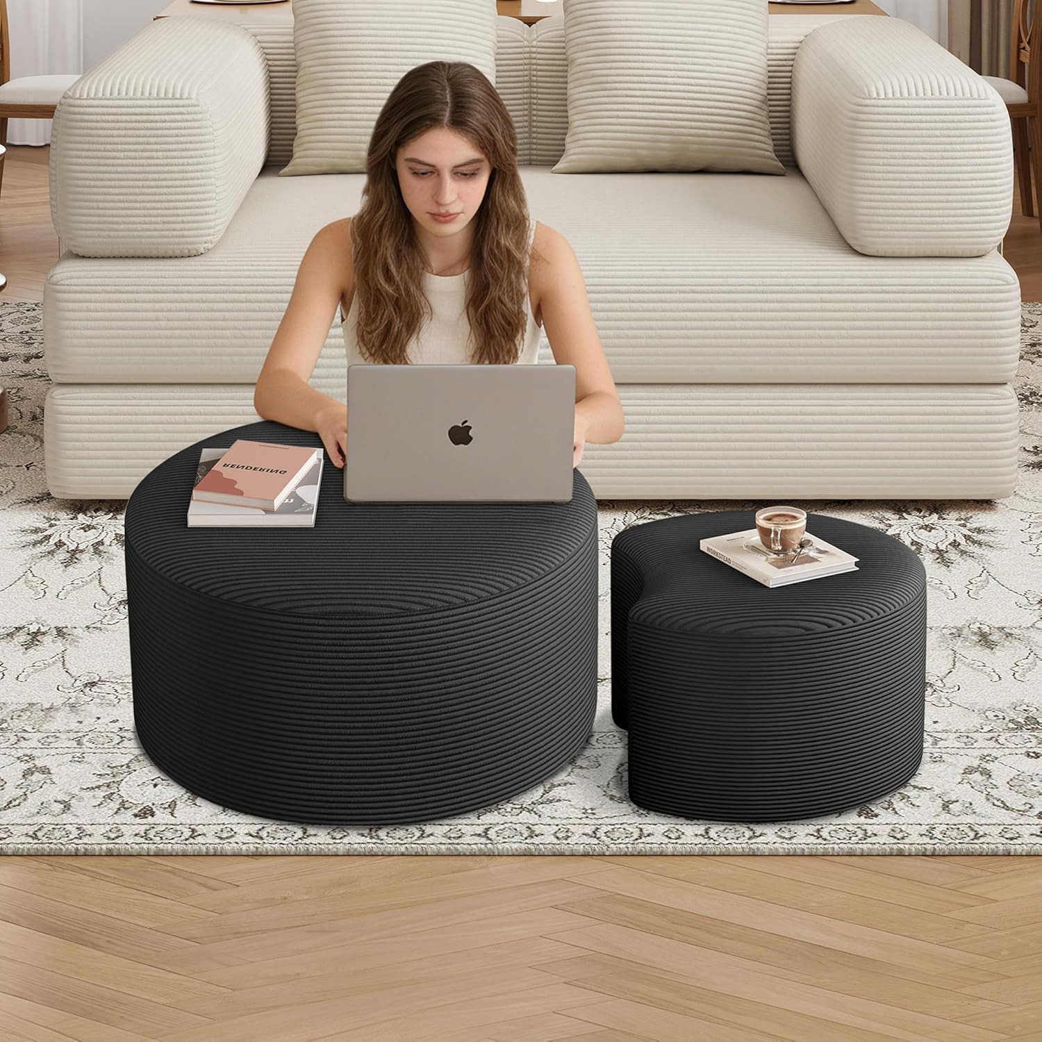 Upholstered Nesting Coffee Table Set of 2 - Round Corduroy Foam, No Assembly gallery