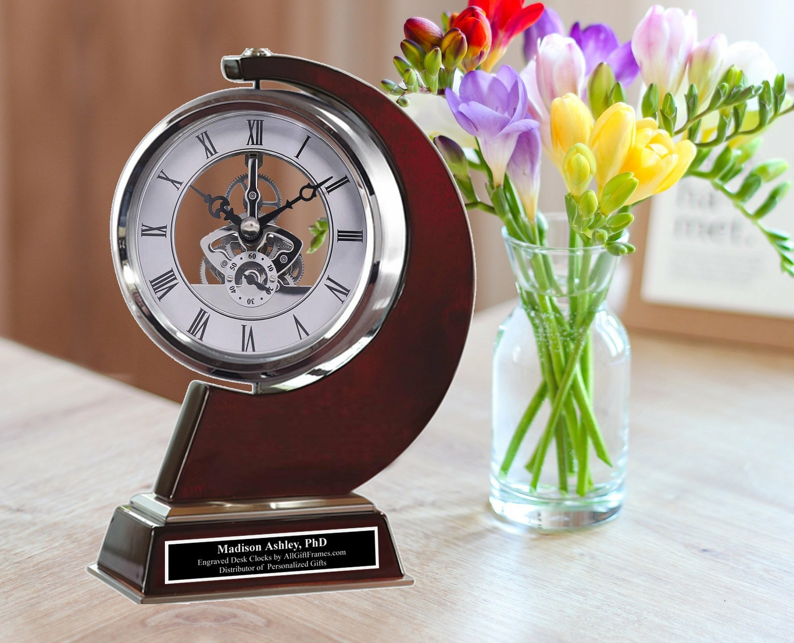 Luxurious Rotating Engineering Gear Display Desk Clock Aluminum Metal Gift Wood gallery