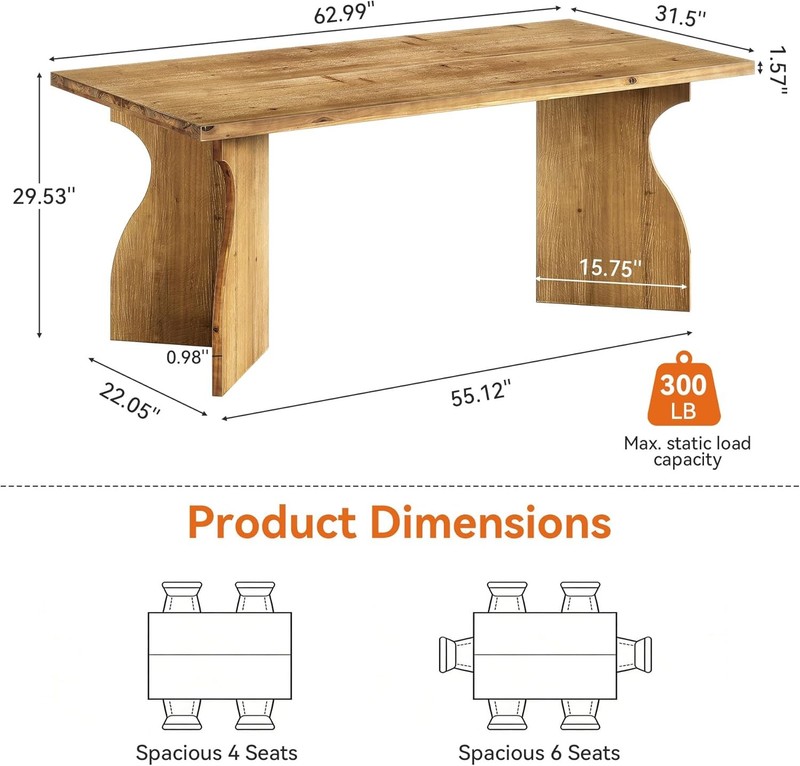 63-Inch Solid Wood Dining Table for 4-6, Farmhouse Rectangular Kitchen Table gallery