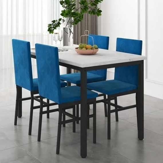 5 Pc Blue Dining Set Metal Kitchen Furniture Table 4 Chairs Steel Faux Marble gallery