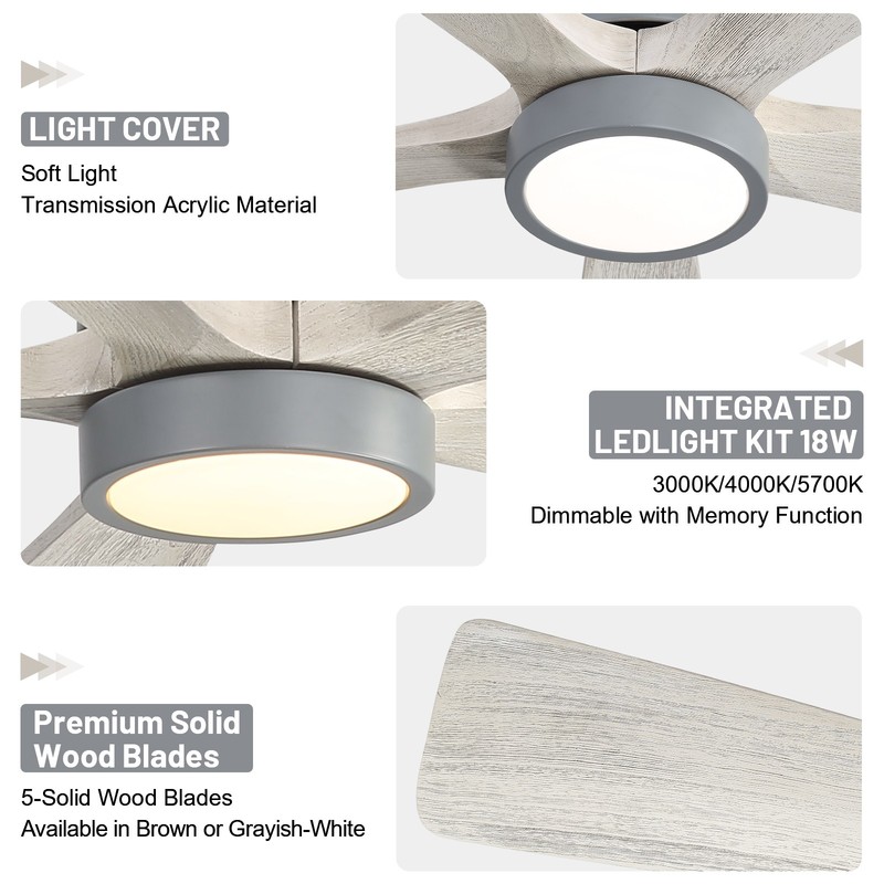 52in Solid Wood Ceiling Fan with Light and Remote Control Quiet Reversible Motor gallery