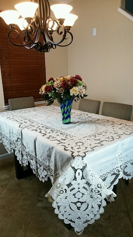 Embroidery Cutwork 54x72" Tablecloth Cotton Polyester w/ 6 Napkins - Beige color gallery