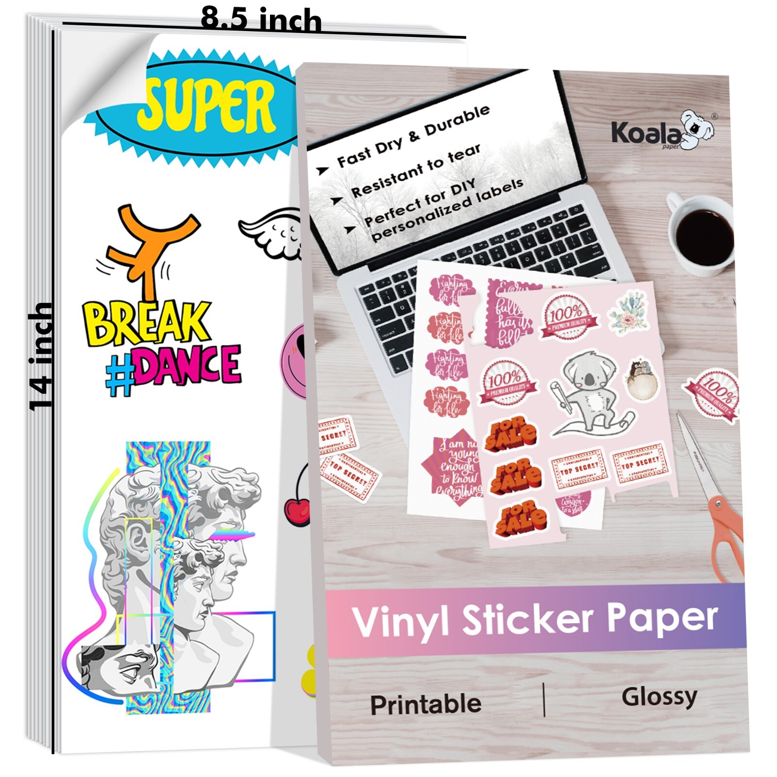 Lot 20-100PK KOALA Printable Vinyl Sticker Paper Waterproof 8.5x14 Glossy White gallery