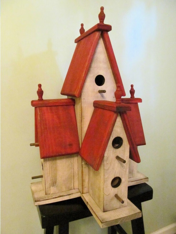 Large Red Manor Birdhouse Weathered Country Cottage Indoor Outdoor Distressed gallery