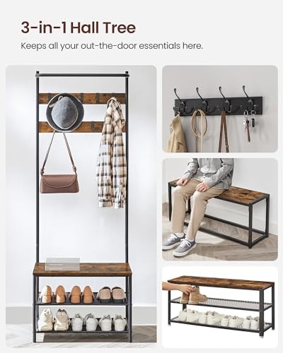 Hall Tree with Bench and Shoe Storage, Entryway 25.2"W Rustic Brown + Black gallery