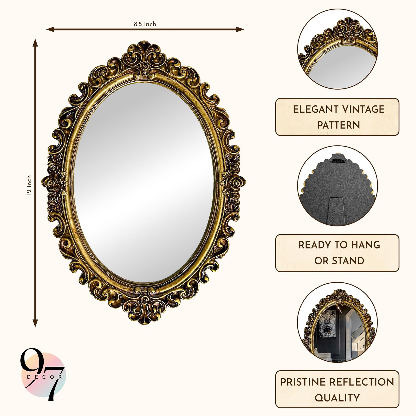 Small Oval Mirror for Table - Gold Vintage Mirror for Tabletop and Wall Mount... gallery