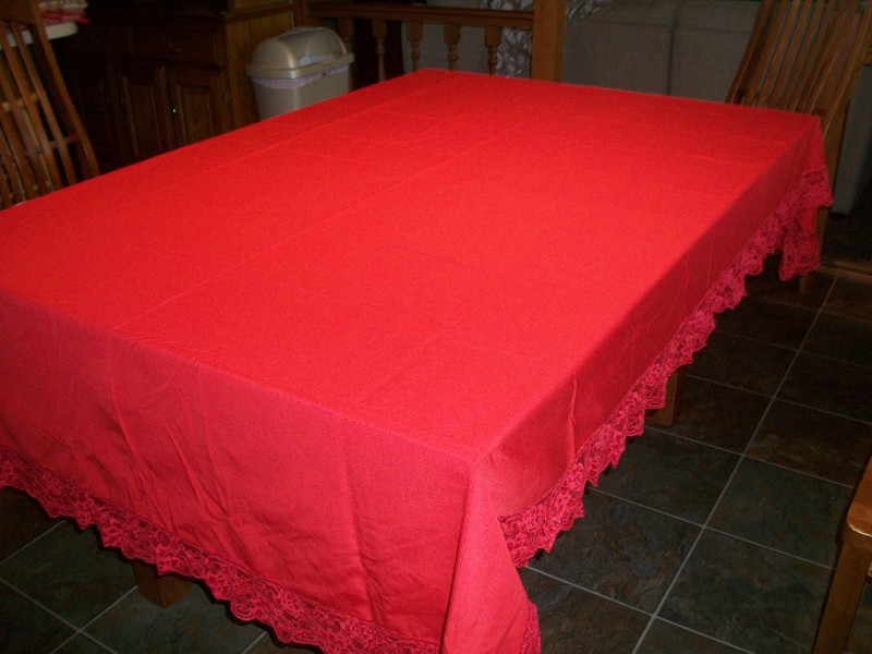 RED COTTON BLEND 90X59 TABLECLOTH TABLE COVER~3.5" RED LACE EDGING~NO TAGS~ gallery