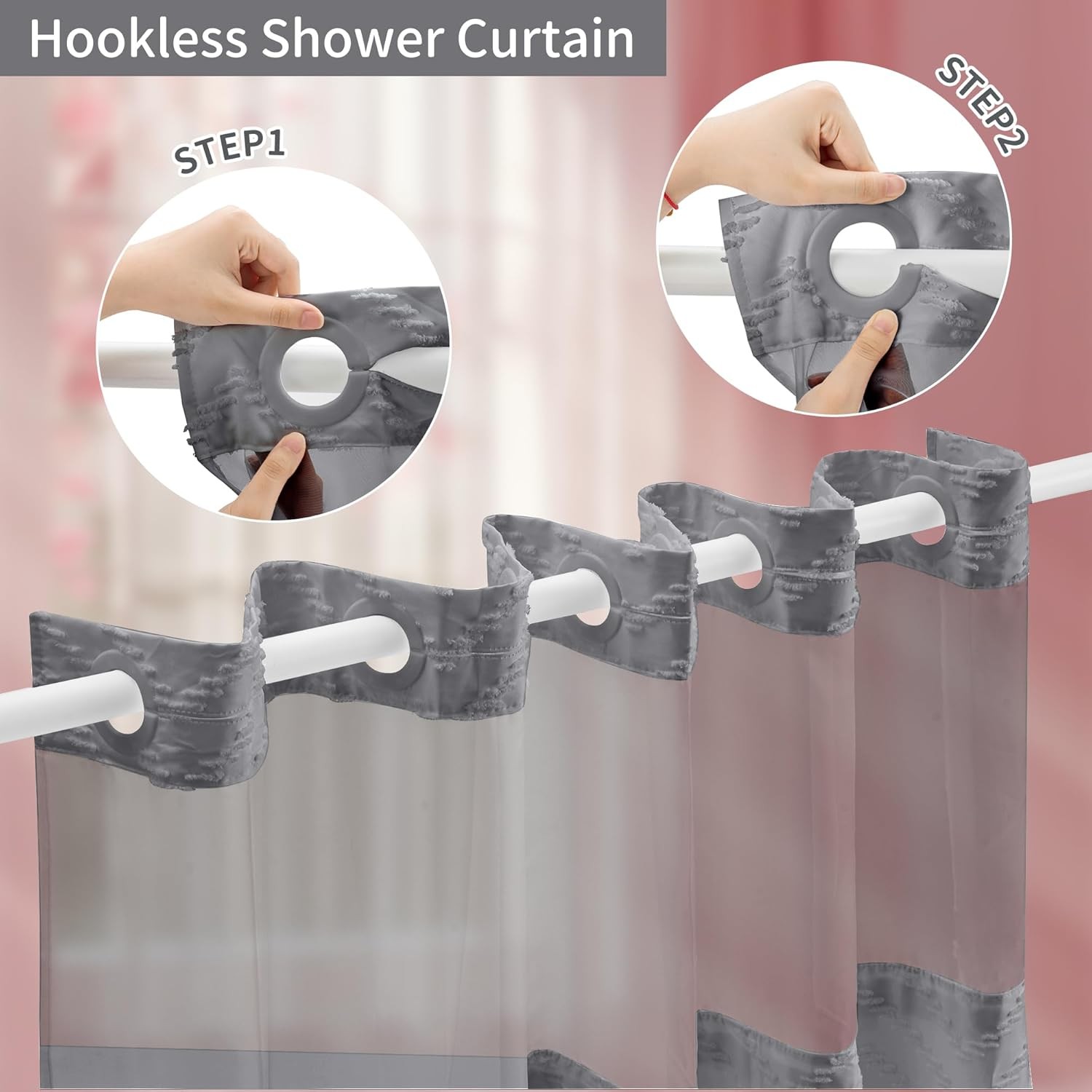 Hookless Shower Curtain with Snap in Liner 71" x 74" Double-Layer Waterproof gallery
