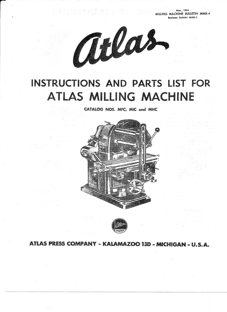 1954 Atlas Instruction & Parts Milling Machine MFC, MIC & MHC Instructions gallery