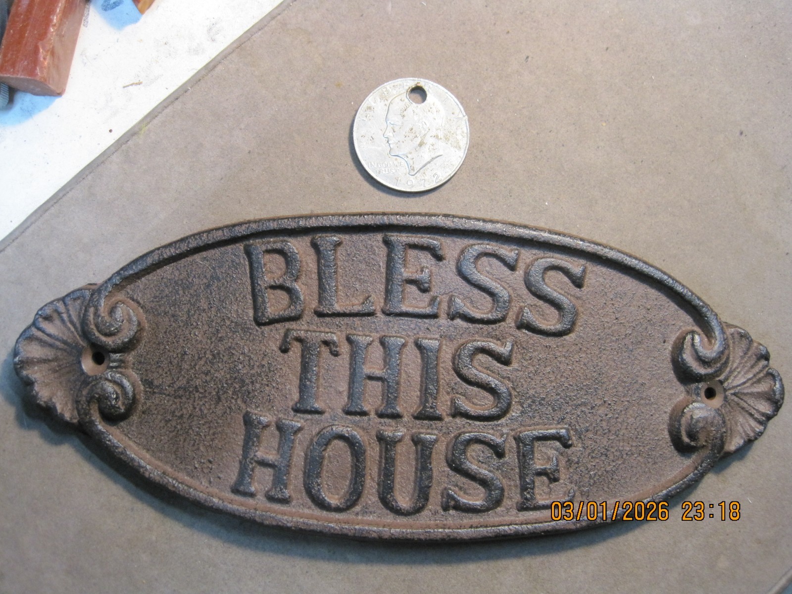 Cast Iron BLESS THIS HOUSE Sign Rustic Brown Home Decor 9 1/2 x 4" gallery