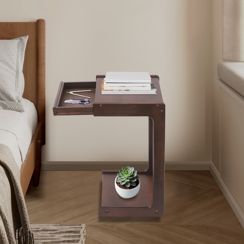 2-tierd Solid Wood Bedside C-shaped Side Table W/ Drawer & Lockable Wheels gallery