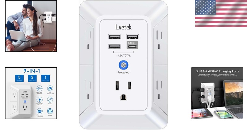 Compact 5-Outlet Multi-Plug Extender with 4 USB Ports & 1680J Surge Protection gallery