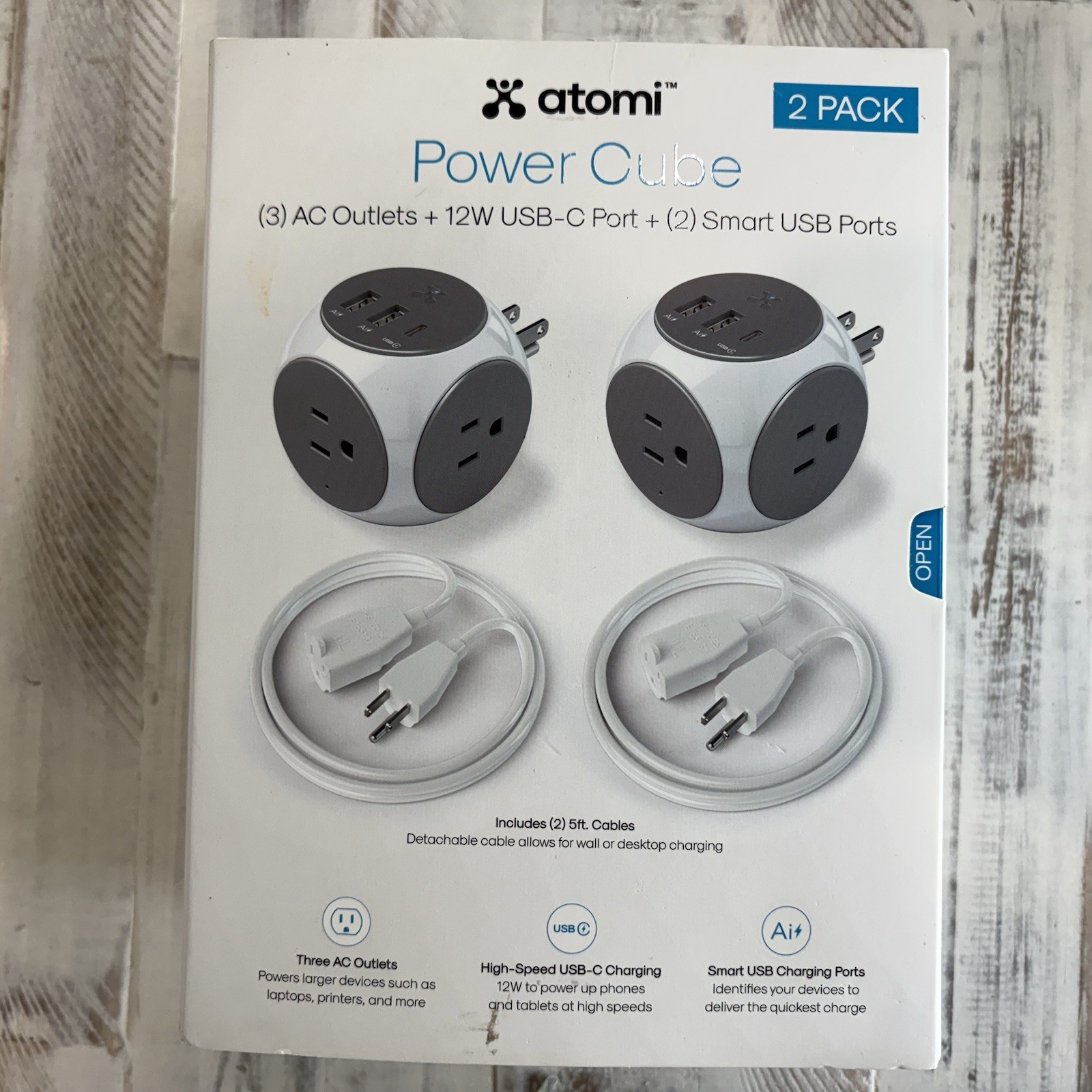 2 Atomi Power Cubes (3) AC Outlets + 12W USB-C Port + (2) Smart USB-A Ports ~NIB gallery