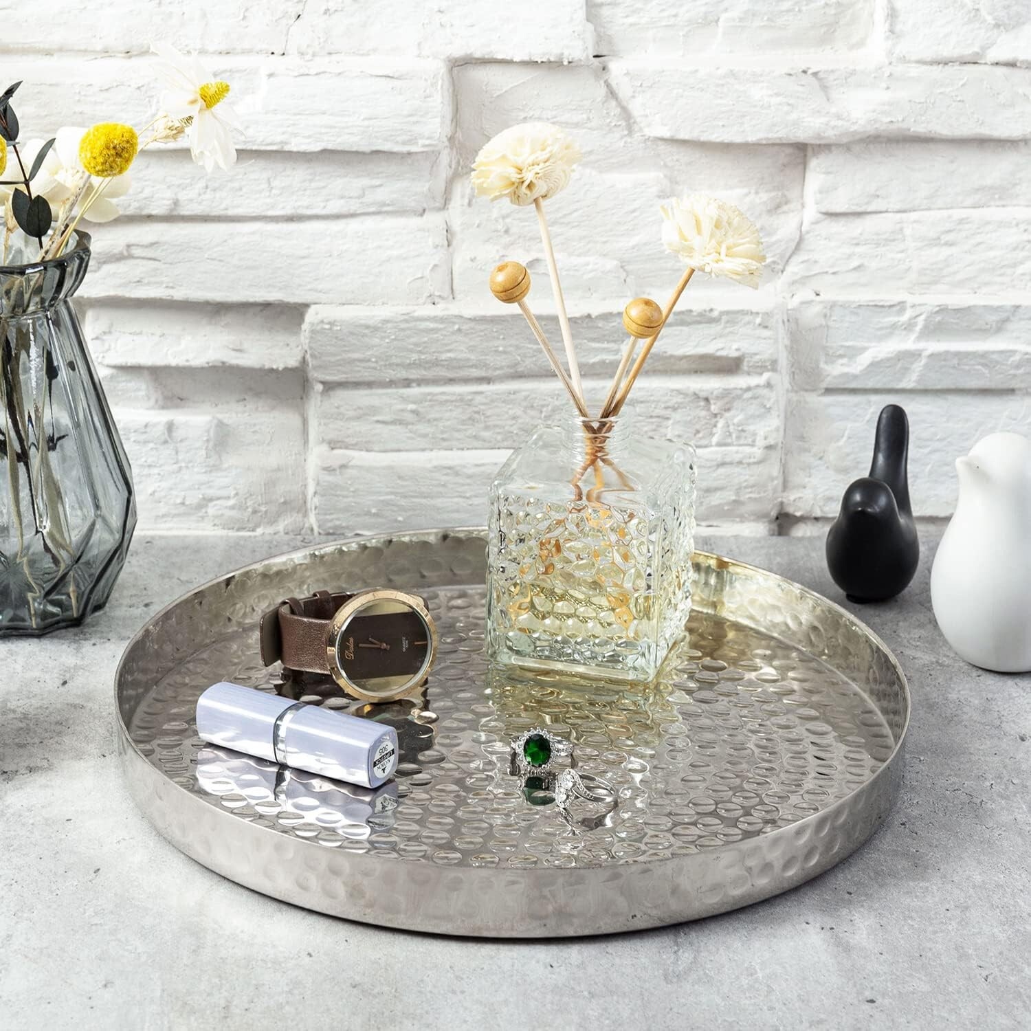 11 Inch Silver Round Decorative Tray, Serving Display Platter and Vanity Tray gallery