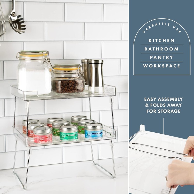 2-Pack Clear Stackable Foldable Shelf Kitchen Counter Cabinet Organizer Storage gallery