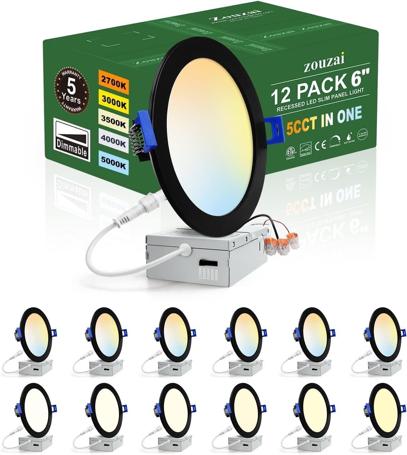 NEW Zouzai 12 Pack 6” Slim Panel Recessed LED Light 12W 1080LM gallery