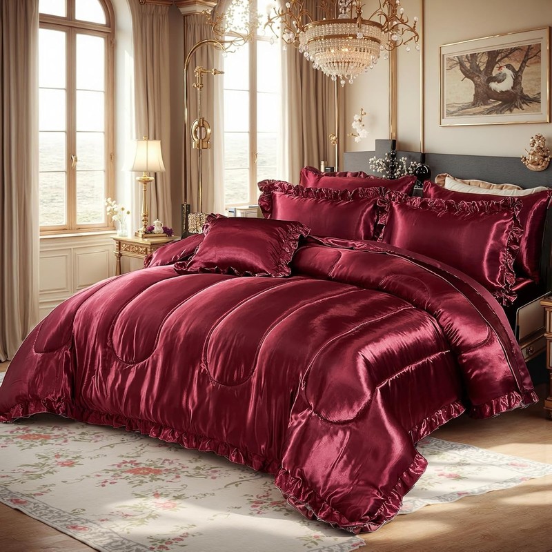Silk Like Satin Comforter Set with Sheet Set King 8 Pcs Burgundy Satin Bedding S gallery