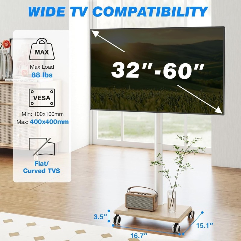 Compact Height Adjustable TV Stand for 32-60 Inch TVs White Rolling Cart gallery