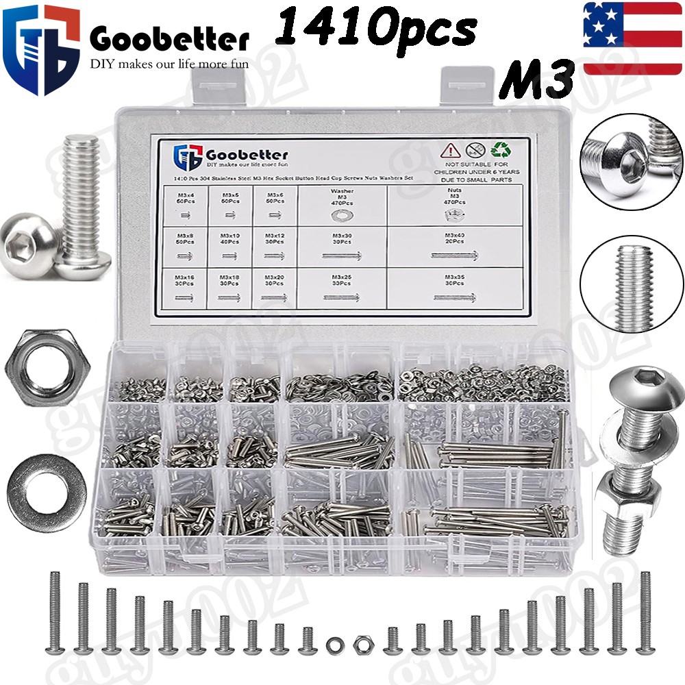1410Pcs M3 Button Head Hex Socket Cap Screws Bolts Nuts Washer Assortment Kits
