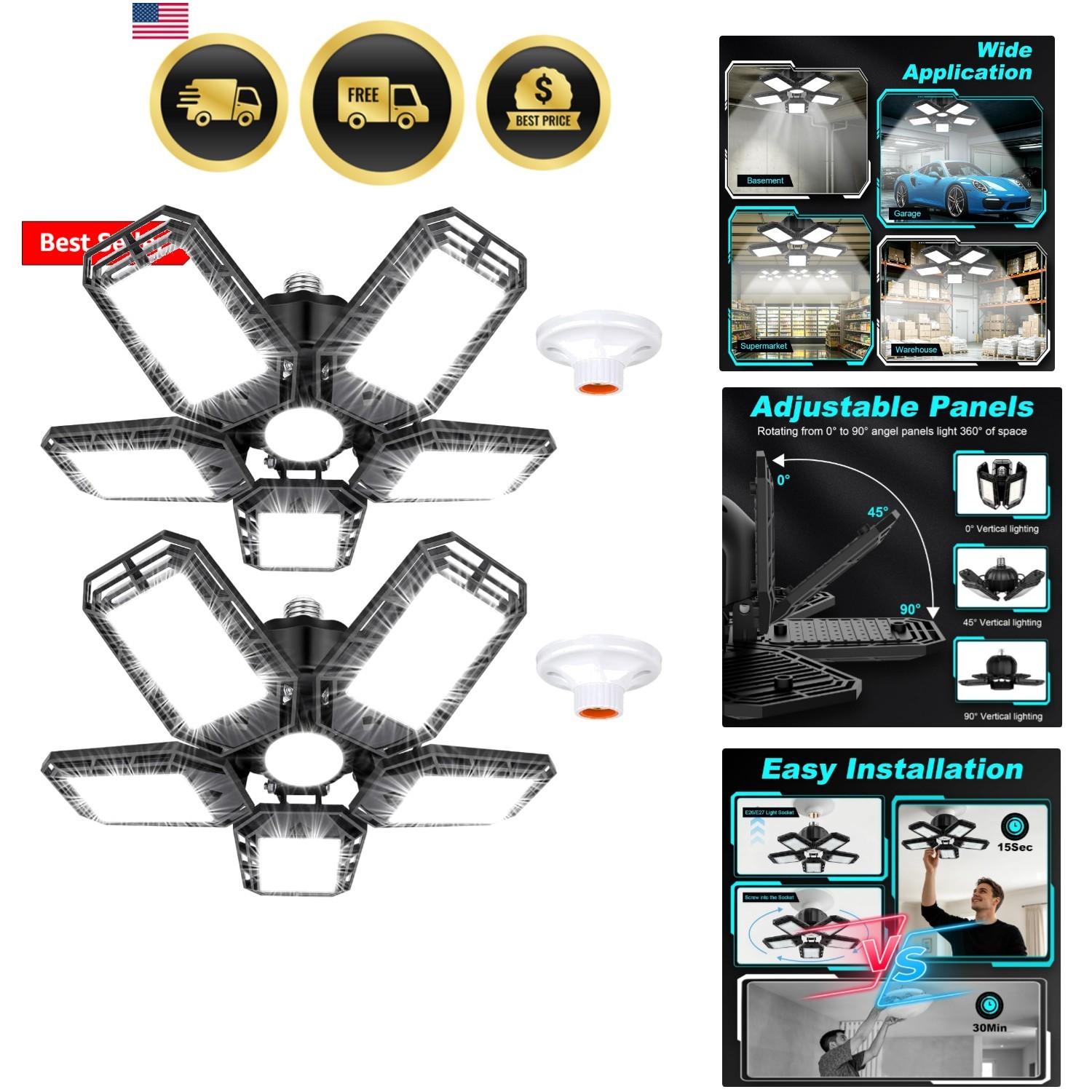 LED Garage Lights 2 Pack, Ceiling LED Shop Light 180W 18000LM 6500K Screw in ... gallery