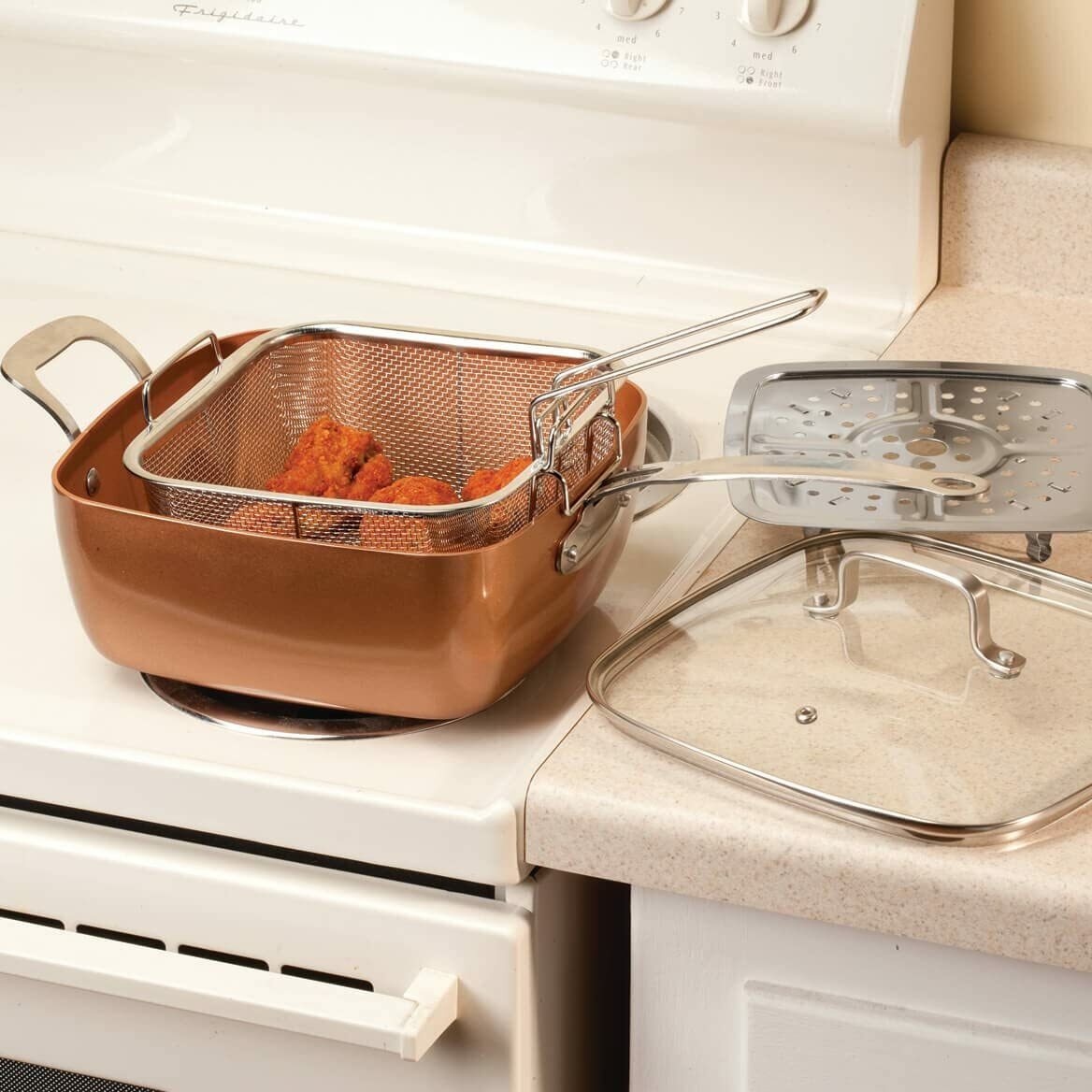 4-pc Square Copper Cookware Fry Basket Pan Set Lid One Size Fits All 9 1/2" gallery
