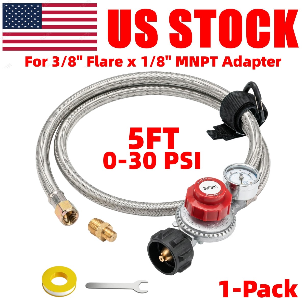 GASPRO 5FT Propane Regulator with 0-30 PSI Adjustable Gauge 3/8 Flare x 1/8 MNPT gallery