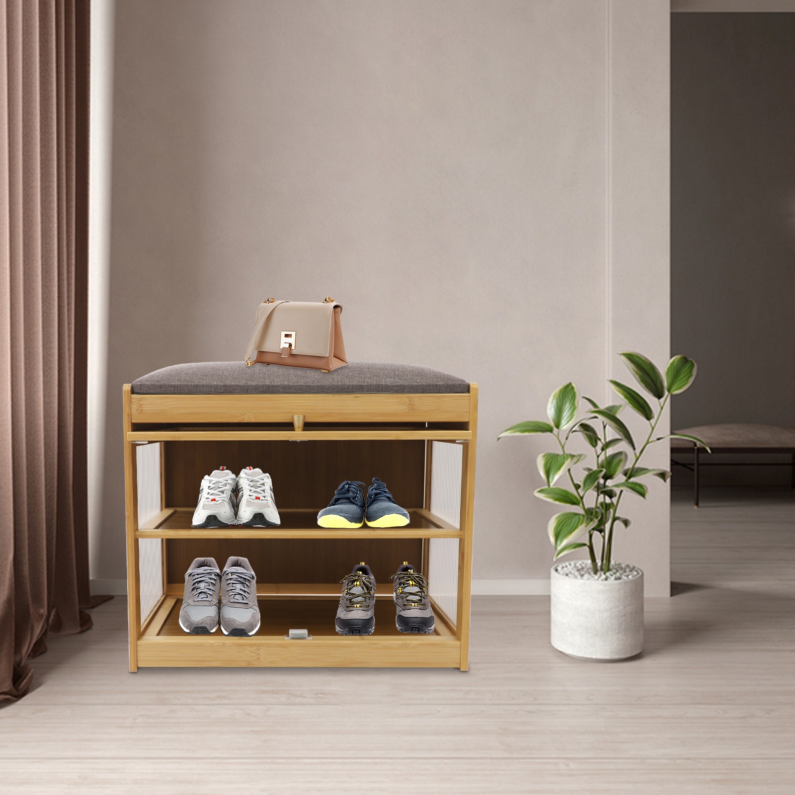 Entryway Shoe Bench Shoe Rack Bench with Cushion Shoe Rack Bench 50cm Log Color gallery