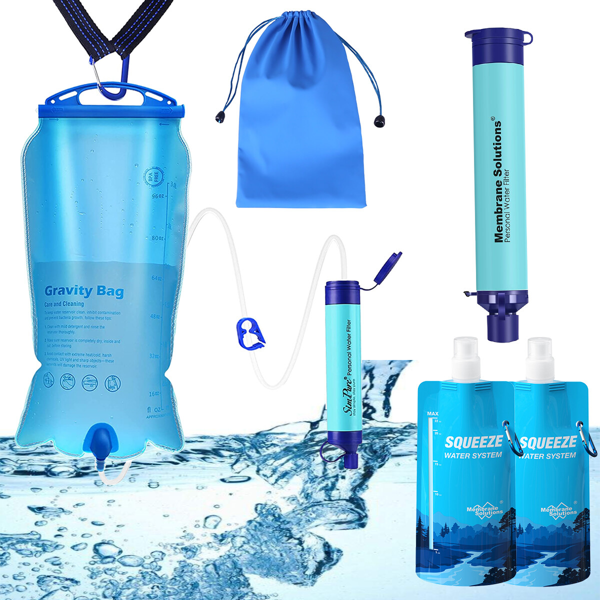 Gravity Fed Water Filtration System,with Filter Straw,2Pk Survival Water Pouches gallery