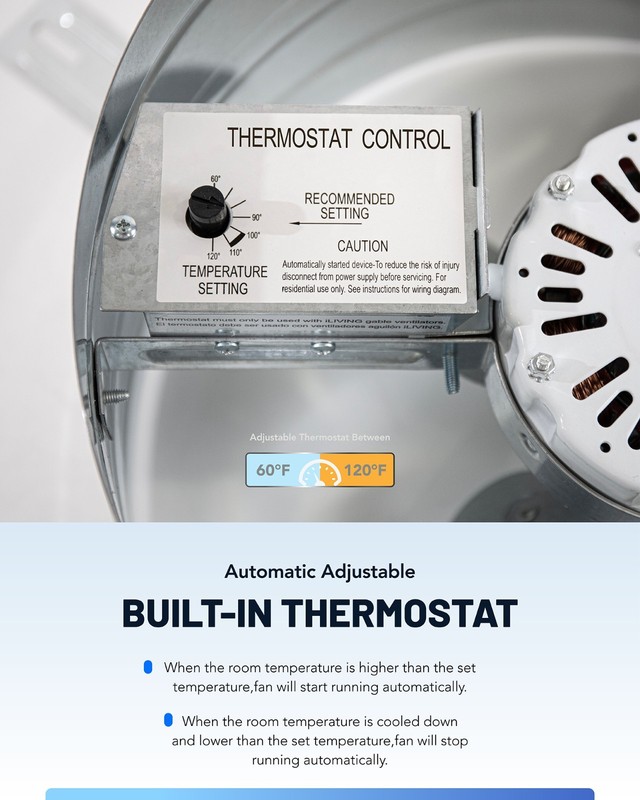 iLIVING Gable Mount Attic Fan, Adjustable Thermostat, 2339 CFM, Single Speed gallery