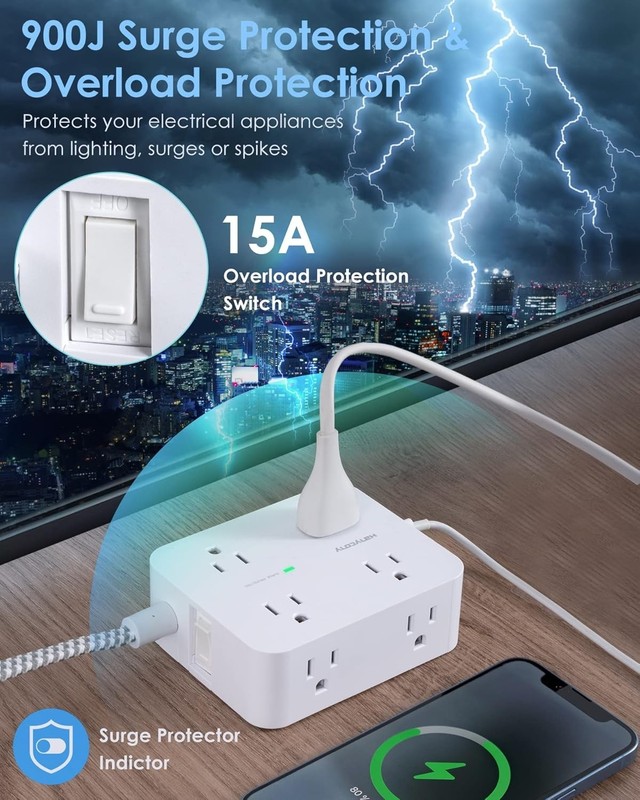 Space-Saving 6Ft Surge Protector with 8 Outlets & Dual USB-C Ports for Home Use gallery