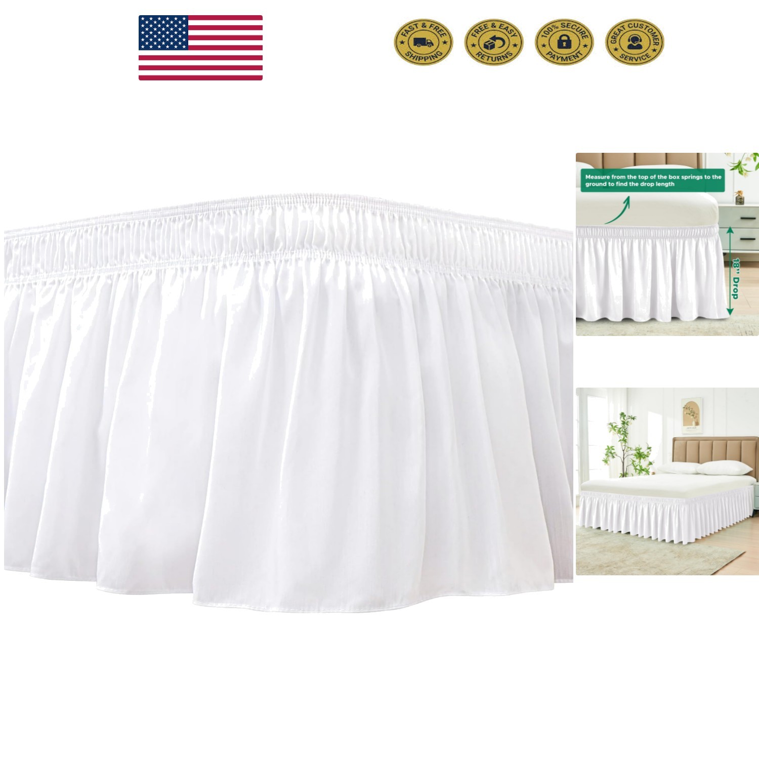 Adjustable Elastic Bed Skirt with Ruffles for Queen Size - Easy Fit Design gallery