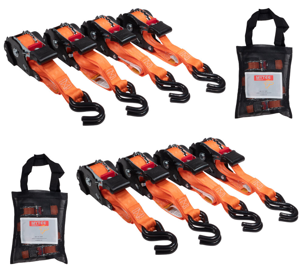 8 Pack 1"x12' Orange Auto Retractable Ratchet Straps with S Hook Tiedowns gallery