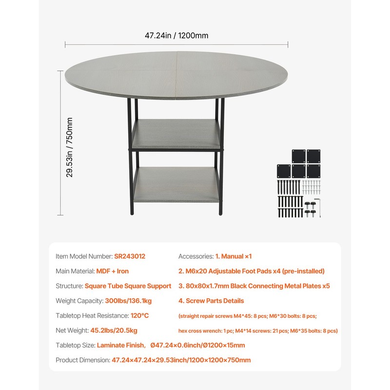 47 in Round Dining Table Wood Kitchen Table for 4-6 Person Grey (Only Table) gallery
